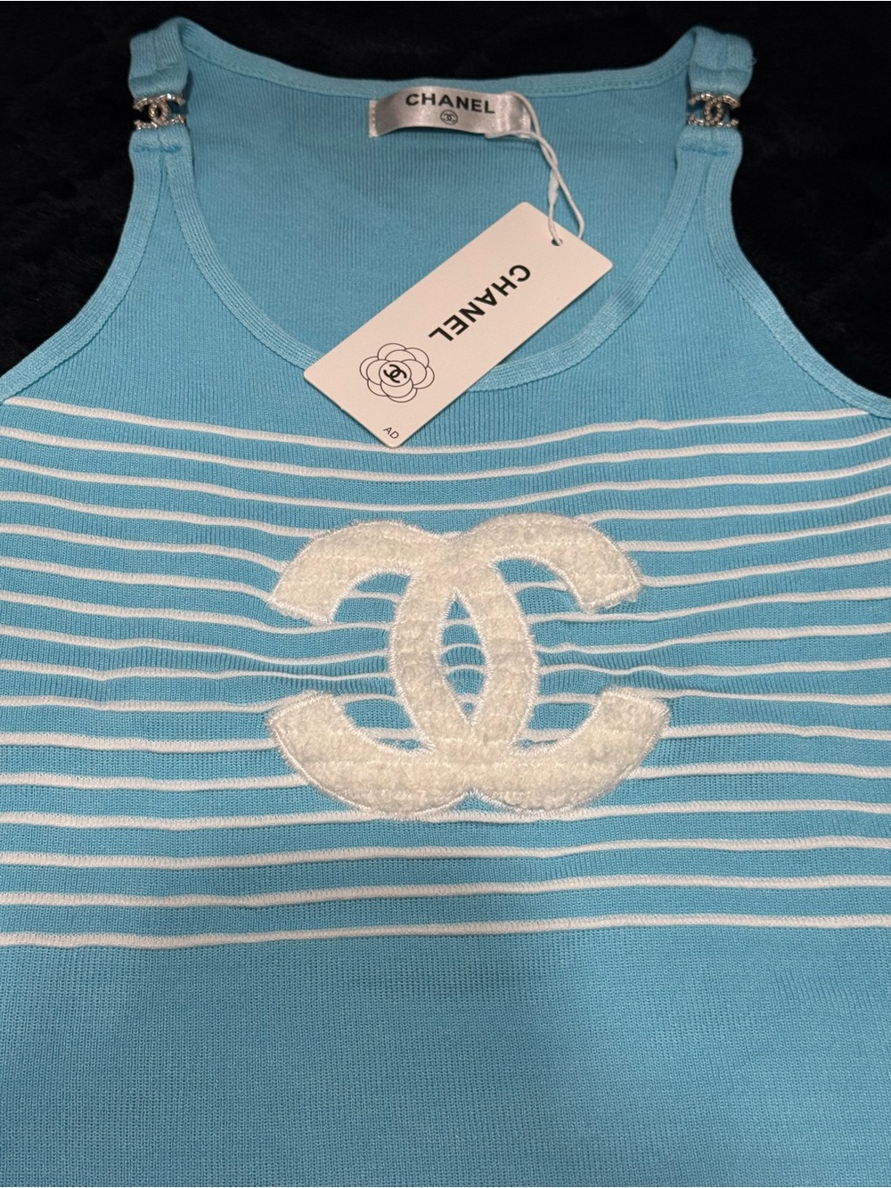 CHANEL Kids Light Blue & White Striped Logo Tank Top - Picture 2 of 4